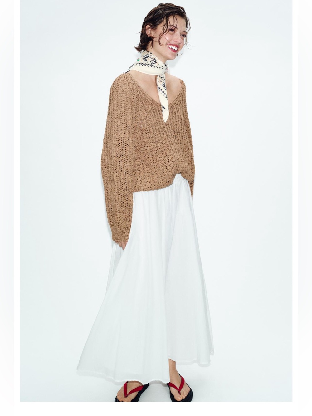 Zara Open-Knit V-Neck Sweater in Tan